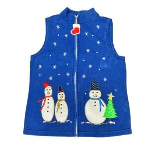 Vtg Nouveau Sweater Vest Women's Size L Blue Full Zip Christmas Snowman